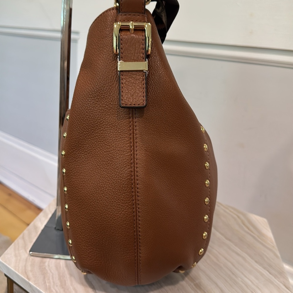Michael Kors Bag  Brown Pebbled Leather Hobo Bag with Gold Studs and Gold Chain - Picture 6 of 17